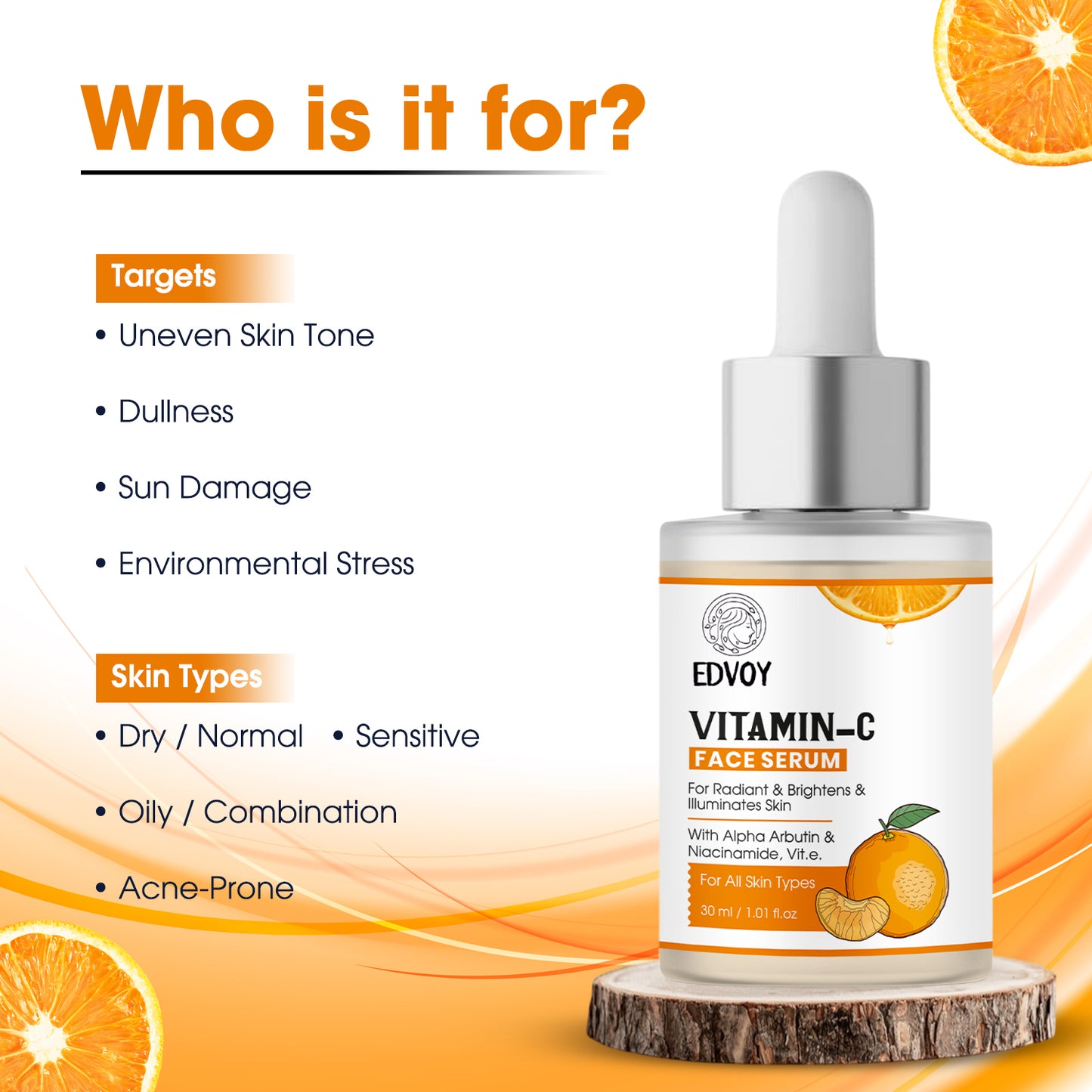 EDVOY Vitamin C face serum with Alpha Arbutin, Niacinamide & Hyaluronic Acid | Skin Brightening & Hydration | For All Skin Types (30 ml)