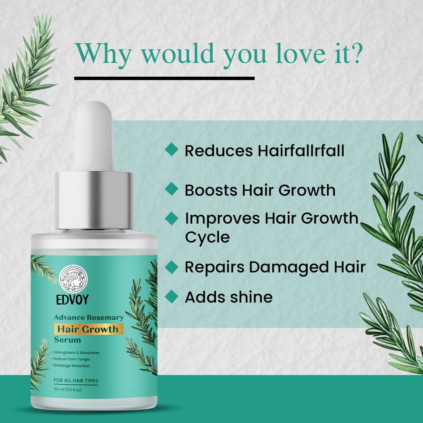 EDVOY Rosemary Advanced Hair Growth Serum With Amla,Bhringraj | Reduces Hair Fall | 30ML
