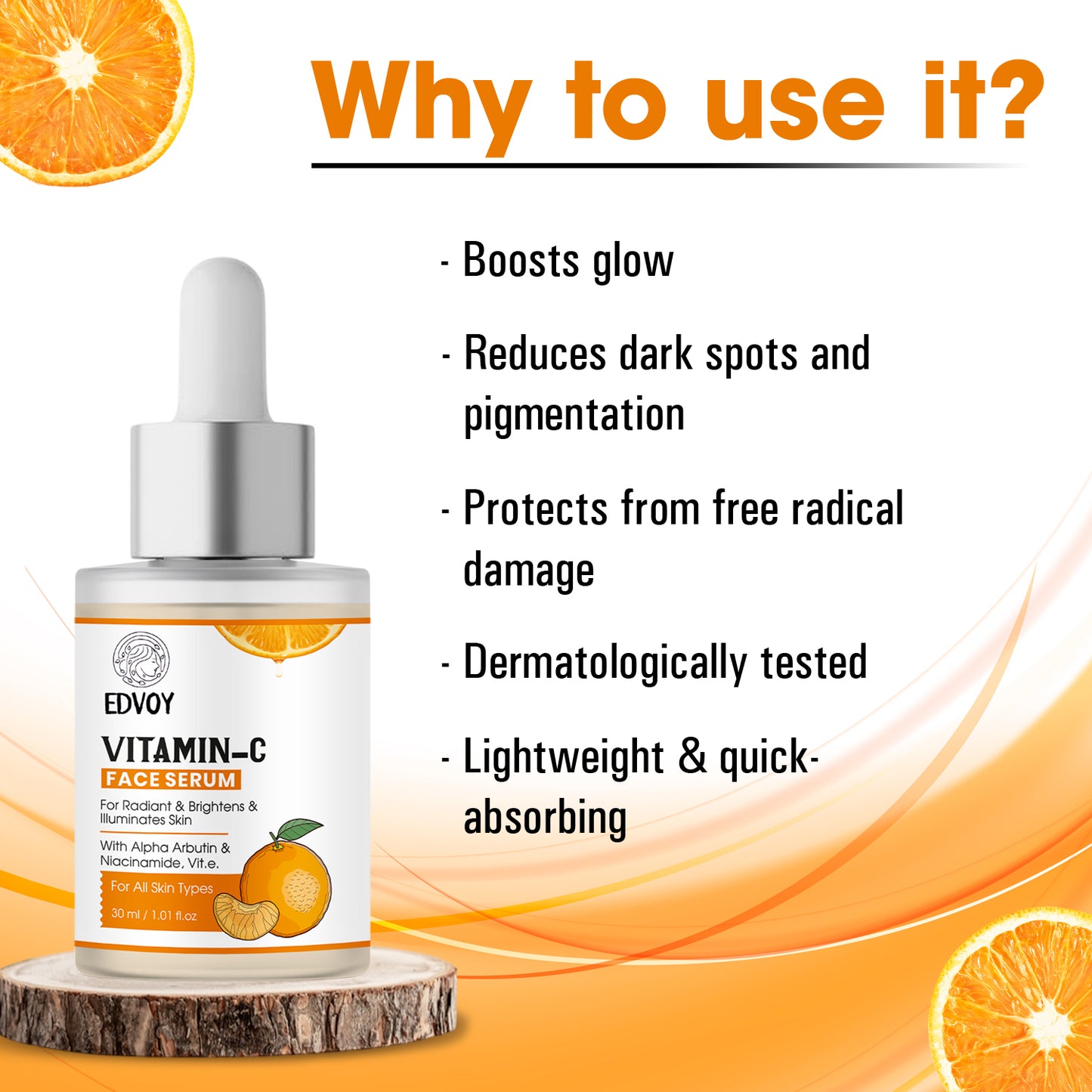 EDVOY Vitamin C face serum with Alpha Arbutin, Niacinamide & Hyaluronic Acid | Skin Brightening & Hydration | For All Skin Types (30 ml)