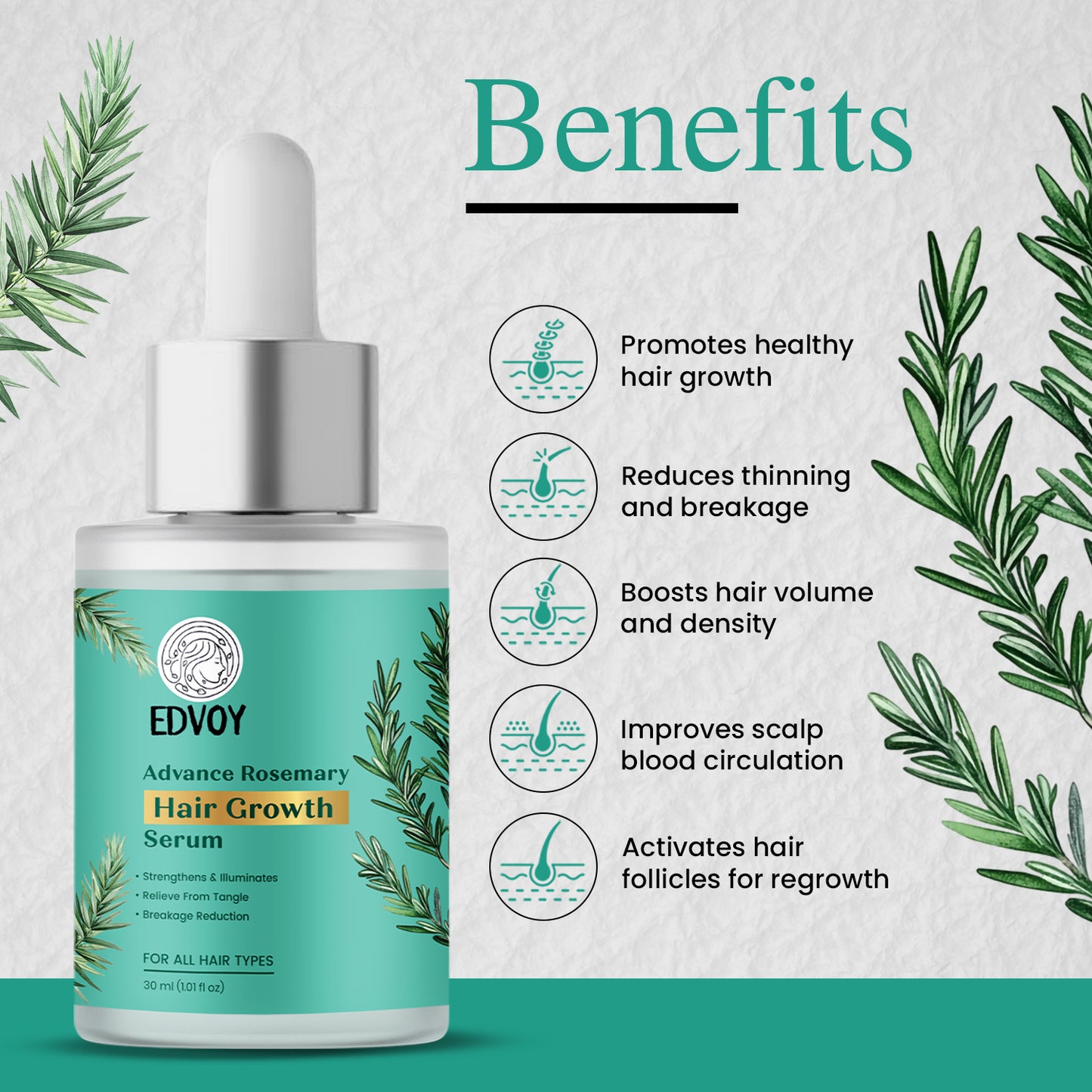 EDVOY Rosemary Advanced Hair Growth Serum With Amla,Bhringraj | Reduces Hair Fall | 30ML