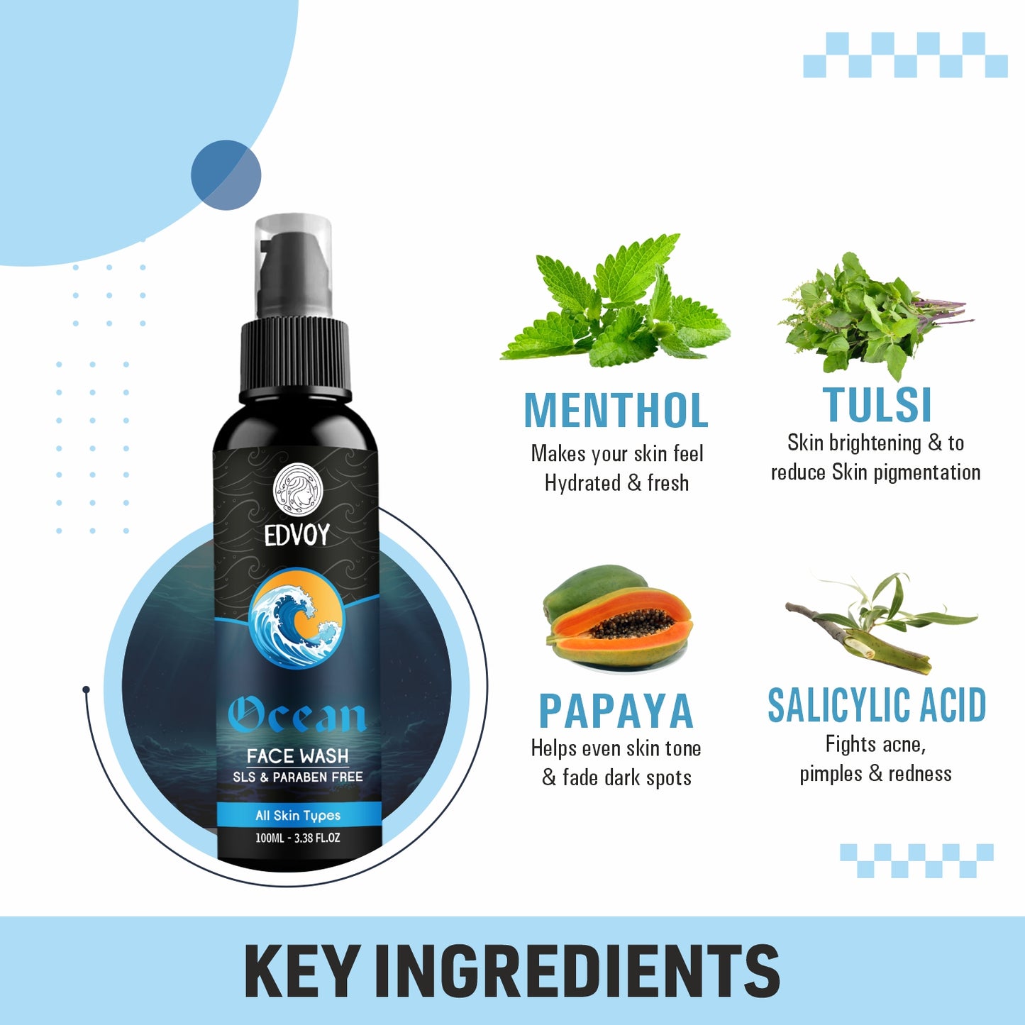 EDVOY Ocean  For Men And Women, Fights Acne & Pimple, Skin Brightening, All Skin Types Face Wash (100 ml)